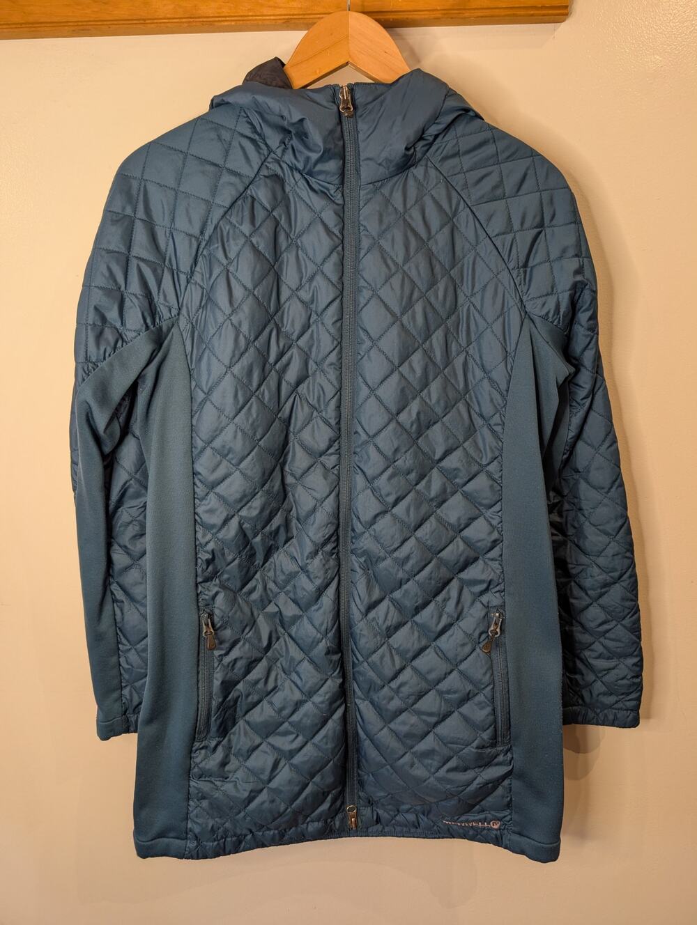 Merrell Womens Quilted Insulated Hooded Jacket M Teal Blue Longline Two Way Zip